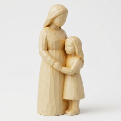 Wood Carved-Like Mother and Daughter Figurine in White Oak Finish - Elegant Desk Decor for Adults - 3D Printed in Canada (White Oak)