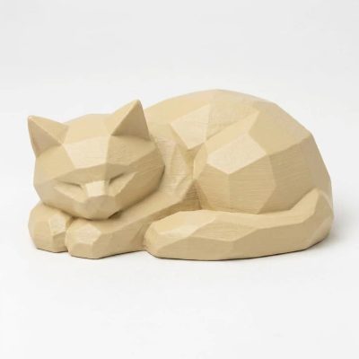 Wood Carved-Like Resting Cat Figurine in White Oak Finish - 3D Printed in Canada (White Oak)