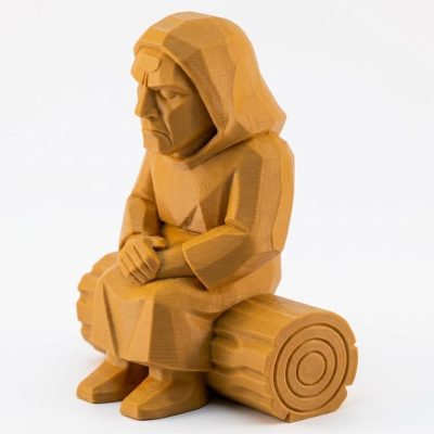 Wood Carved Hooded Monk Sitting on Fallen Log Figurine in Ochre Yellow Finish - 3D Printed in Canada (Ochre Yellow)