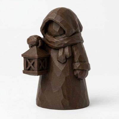 Wood Carved-Like Winter Lantern Figurine - Unique Desk Decor for Adults – 3D Printed in Canada - 3D Printed in Canada (Black Walnut)