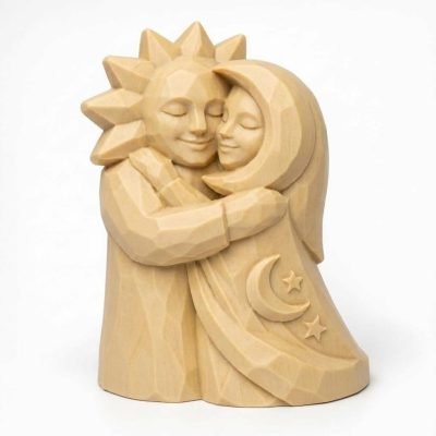 Wood Carved-Like Sun and Moon Embrace Figurine in White Oak Finish - 3D Printed in Canada (White Oak)
