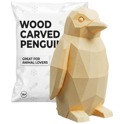Wood Carved-Like Penguin Collectible Figurine in White Oak Finish - 3D Printed in Canada (White Oak)