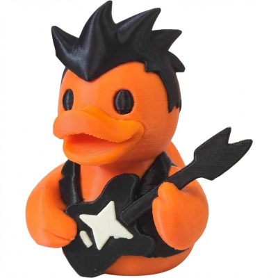 Rock Duck Figurine with Guitar – Punk Style Rubber Duck Decor for Desk, Shelf or Gift Display – Fun Collectible for Music Lovers & Teens – 3D Printed in Canada (Sunset Orange)