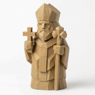 Wood Carved-Like St. Patrick Figurine - Unique Desk Decor for Adults 3D Printed in Canada - 3D Printed in Canada (Classic Birch)