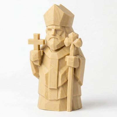 Wood Carved-Like St. Patrick Figurine - Unique Desk Decor for Adults – 3D Printed in Canada - 3D Printed in Canada (White Oak)