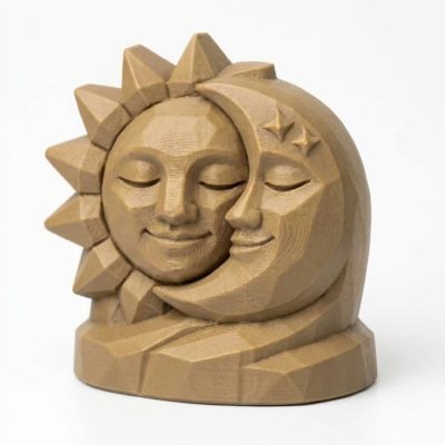Wood Carved-Like Sun and Moon Figurine - Unique Desk Decor for Collectors 3D Printed in Canada - 3D Printed in Canada (Classic Birch)