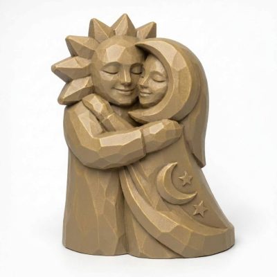 Wood Carved-Like Sun and Moon Embrace Figurine - Unique Desk Decor for Adults 3D Printed in Canada - 3D Printed in Canada (Classic Birch)