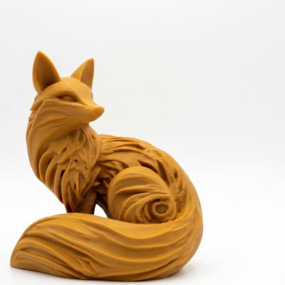 Elegant Wood Carved-Style Fox Figurine in Ochre Yellow Finish - 3D Printed in Canada (Ochre Yellow)