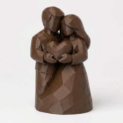 Wood Carved-Like Couple Holding Heart Figurine in Black Walnut Finish - 3D Printed in Canada (Black Walnut)