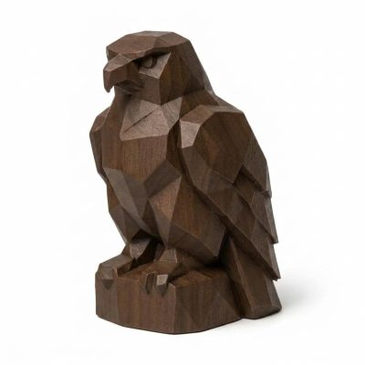 Wood Carved-Like Hawk Figurine - Unique Desk Decor for Collectors - 3D Printed in Canada (Black Walnut)