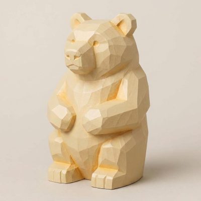 Wood Carved Cabin Bear Collectible Figurine in White Oak Finish - 3D Printed in Canada (White Oak)