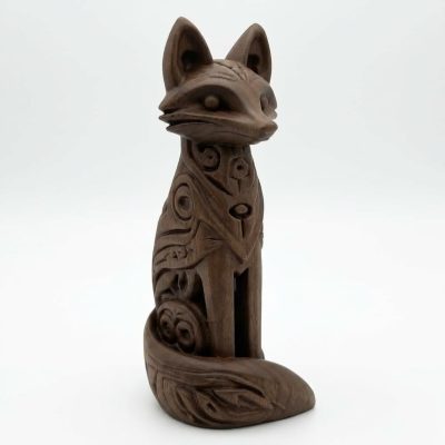 Intricately Carved Fox Figurine - Handcrafted Brown Woodland Animal Sculpture with Elegant Swirls for Unique Home Decor or Shelf Display Accent - 3D Printed in Canada