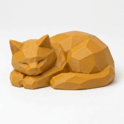 Wood Carved-Like Resting Cat Figurine in Ochre Yellow Finish - 3D Printed in Canada (Ochre Yellow)