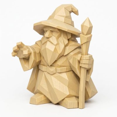 Wood Carved Wizard Collectible Figurine in White Oak Finish - 3D Printed in Canada (White Oak)