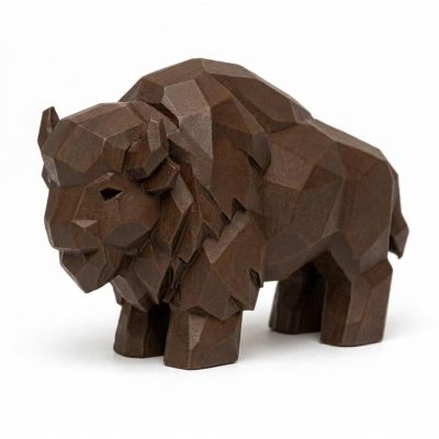 Wood Carved-Like Buffalo Figurine in Black Walnut Finish - 3D Printed in Canada (Black Walnut)