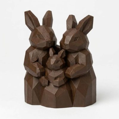 Wood Carved-Like Rabbit Family Figurine - Unique Desk Decor for Adults – 3D Printed in Canada - 3D Printed in Canada (Black Walnut)