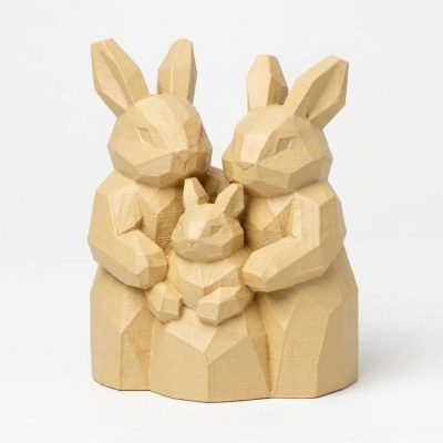 Wood Carved-Like Rabbit Family Figurine - Unique Desk Decor for Adults – 3D Printed in Canada - 3D Printed in Canada (White Oak)