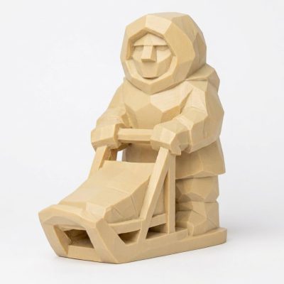 Wood Carved Dog Sledder Collectible Figurine in White Oak Finish - 3D Printed in Canada (White Oak)