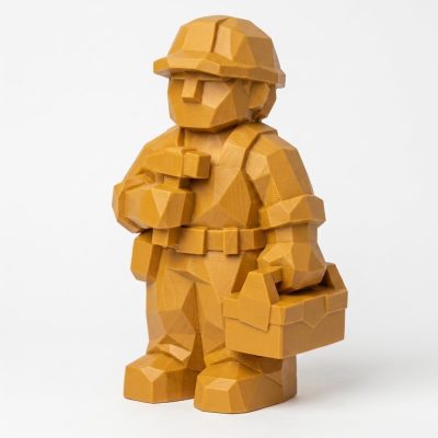 Wood Carved Builder Collectible Figurine in Ochre Yellow Finish - 3D Printed in Canada (Ochre Yellow)