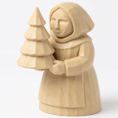 Wood Carved Christmas Tree Woman Figurine in White Oak Finish - 3D Printed in Canada (White Oak)