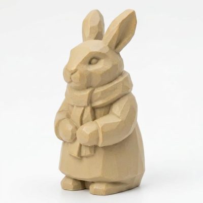 Wood Carved-Like Winter Rabbit Figurine - Unique Desk Decor for Adults – 3D Printed in Canada - 3D Printed in Canada (White Oak)