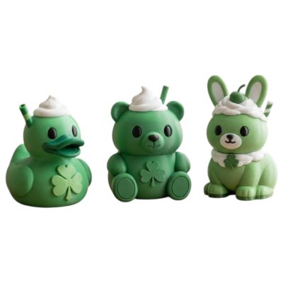 Shamrock Shake Collectible Figurine Bundle of 3 - Duck, Teddy Bear Cub, Bunny - Festive & Whimsical Adult Desk Decor - 3D Printed in Canada