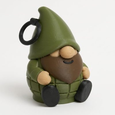 Grenade Gnome Collectible Figurine - Detailed Military-Themed Desk Decor with Green Hood and Brown Beard - Unique Home Accent for Adults and Gift Idea - 3D Printed in Canada