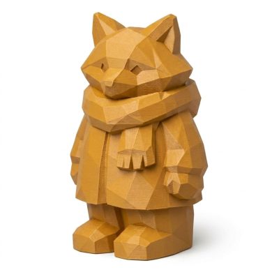 Wood Carved Fox in Winter Collectible Figurine in Ochre Yellow Finish - 3D Printed in Canada (Ochre Yellow)