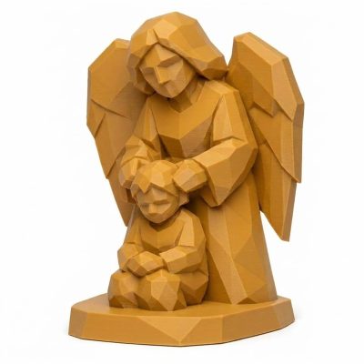 Wood Carved Angel Watching Over Collectible Figurine in Ochre Yellow Finish - 3D Printed in Canada (Ochre Yellow)