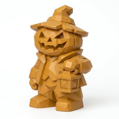 Wood Carved-Like Jack O Lantern Figurine in Ochre Yellow Finish - 3D Printed in Canada (Ochre Yellow)