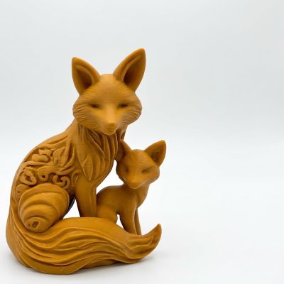 Wood-Carved Fox & Cub Figurine in Ochre Yellow Finish - 3D Printed in Canada (Ochre Yellow)