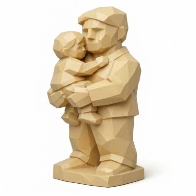 Wood Carved Father Holding Collectible Figurine in White Oak Finish - 3D Printed in Canada (White Oak)