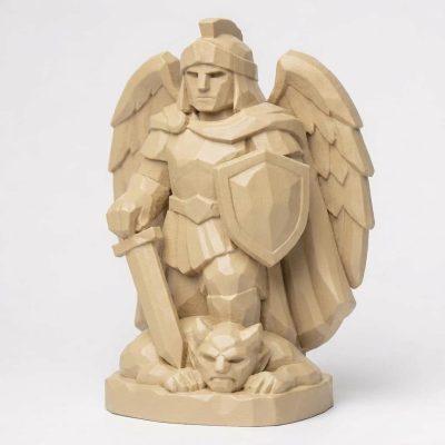 Wood Carved-Like Saint Michael Figurine - Unique Desk Decor for Collectors – 3D Printed in Canada - 3D Printed in Canada (White Oak)