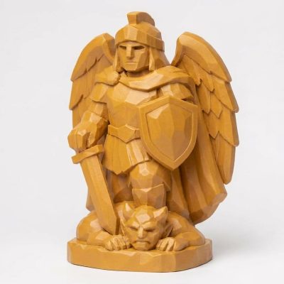 Wood Carved-Like Saint Michael Figurine - Unique Desk Decor for Collectors – 3D Printed in Canada - 3D Printed in Canada (Ochre Yellow)