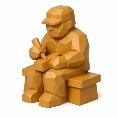Wood Carved Bench at Work Collectible Figurine in Ochre Yellow Finish - 3D Printed in Canada (Ochre Yellow)