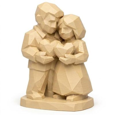Wood Carved-Like Two Hearts Figurine - Unique Desk Decor and Gift for Adults – 3D Printed in Canada - 3D Printed in Canada (White Oak)