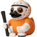 Hockey Goalie Duck Figurine – Cute Goaltender Duck with Stick & Helmet – Ice Hockey Decor or Gift for Fans & Collectors – 3D Printed in Canada (Sunset Orange)