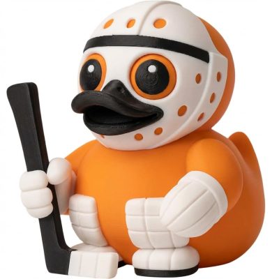 Hockey Goalie Duck Figurine – Cute Goaltender Duck with Stick & Helmet – Ice Hockey Decor or Gift for Fans & Collectors – 3D Printed in Canada (Sunset Orange)