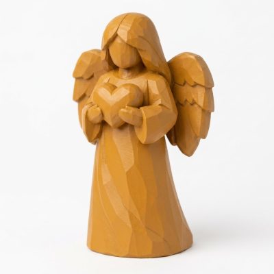 Wood Carved Angel Holding Heart Collectible Figurine in Ochre Yellow Finish - 3D Printed in Canada (Ochre Yellow)