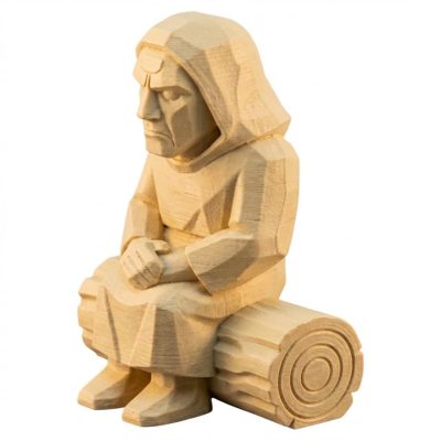 Wood Carved Hooded Monk Sitting on Fallen Log Figurine in White Oak Finish - 3D Printed in Canada (White Oak)