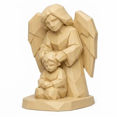 Wood Carved Angel Watching Over Collectible Figurine in White Oak Finish - 3D Printed in Canada (White Oak)