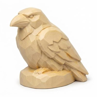 Wood Carved-Like Raven Figurine in White Oak Finish - 3D Printed in Canada (White Oak)