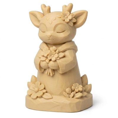 Wood Carved-Like Spring Fawn Figurine - Unique Desk Decor for Adults – 3D Printed in Canada - 3D Printed in Canada (White Oak)