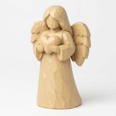 Wood Carved Angel Holding Heart Collectible Figurine in White Oak Finish - 3D Printed in Canada (White Oak)