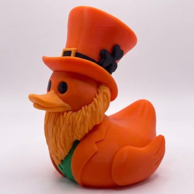 Leprechaun Duck Collectible Figurine - Vibrant Orange Hat and Beard Shelf Display Accent for Unique Gift or Office Decor - 3D Printed in Canada