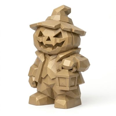 Wood Carved-Like Jack O Lantern Figurine - Unique Desk Decor for Adults 3D Printed in Canada - 3D Printed in Canada (Classic Birch)