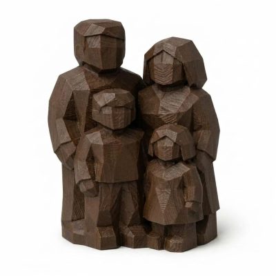 Wood Carved-Like Family of Four Figurine - Unique Desk Decor for Collectors – 3D Printed in Canada - 3D Printed in Canada (Black Walnut)