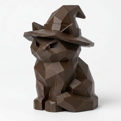 Wood Carved-Like Halloween Cat Figurine - Unique Desk Decor for Adults – 3D Printed in Canada - 3D Printed in Canada (Black Walnut)