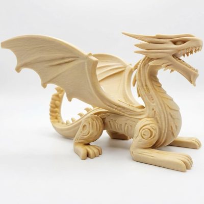 Fierce Wood-Carved English Dragon Figurine in White Oak Finish - 3D Printed in Canada (White Oak)