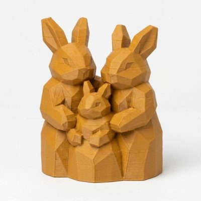 Wood Carved-Like Rabbit Family Figurine - Unique Desk Decor for Adults – 3D Printed in Canada - 3D Printed in Canada (Ochre Yellow)